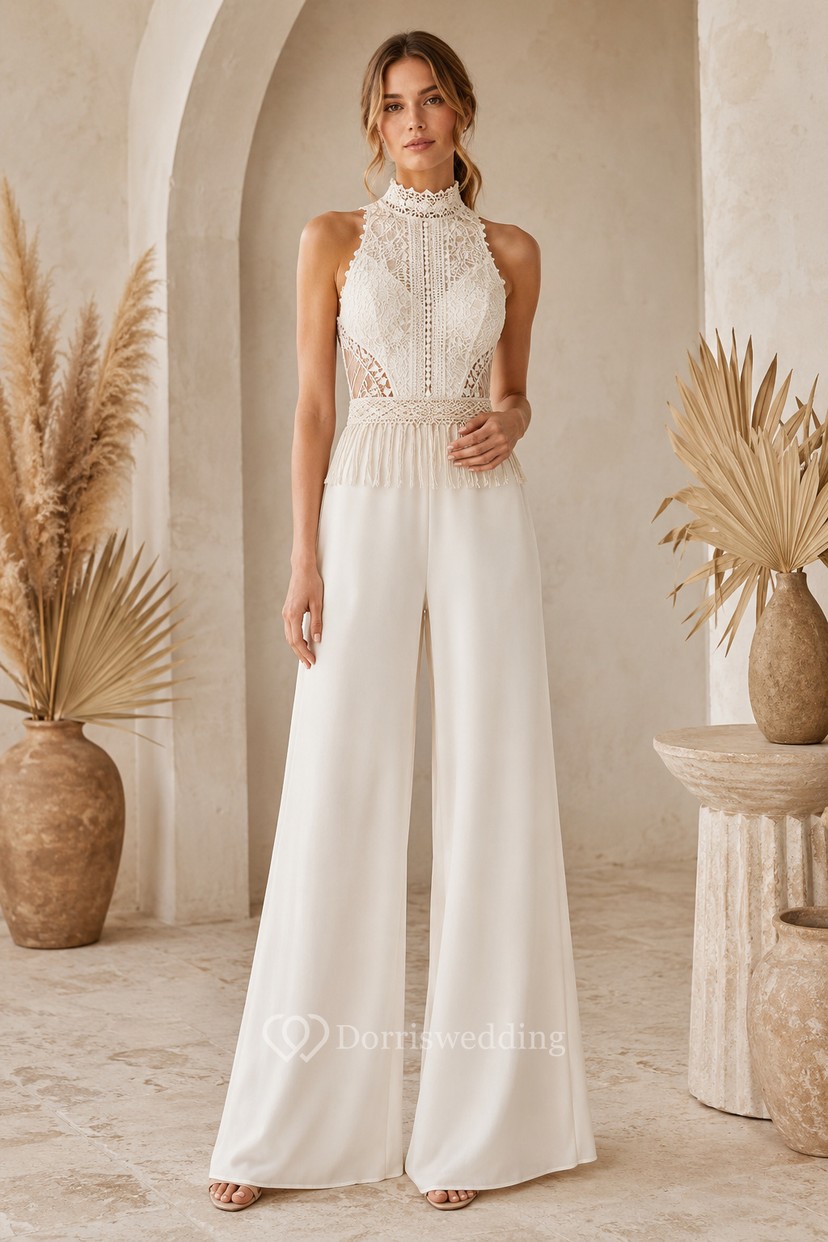 White High Neck Lace Bodice Bridal Jumpsuit | Dorris Wedding