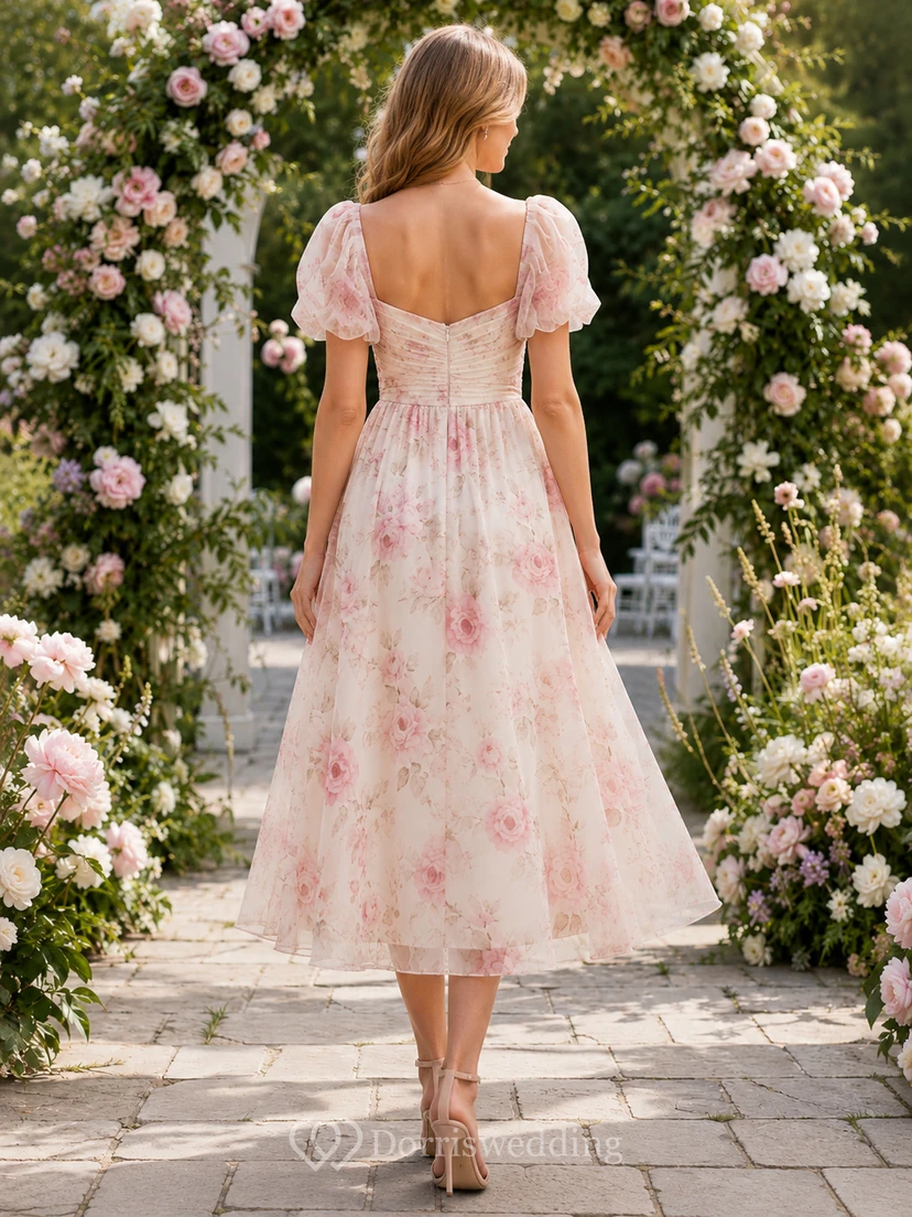 Pink Floral Puff Sleeve Garden Guest Midi Dress view 2