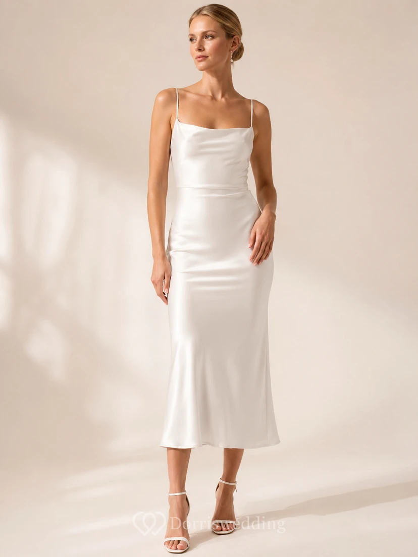 Robe de mariée civile simple à bretelles spaghetti, fourreau en satin, longueur thé, style court