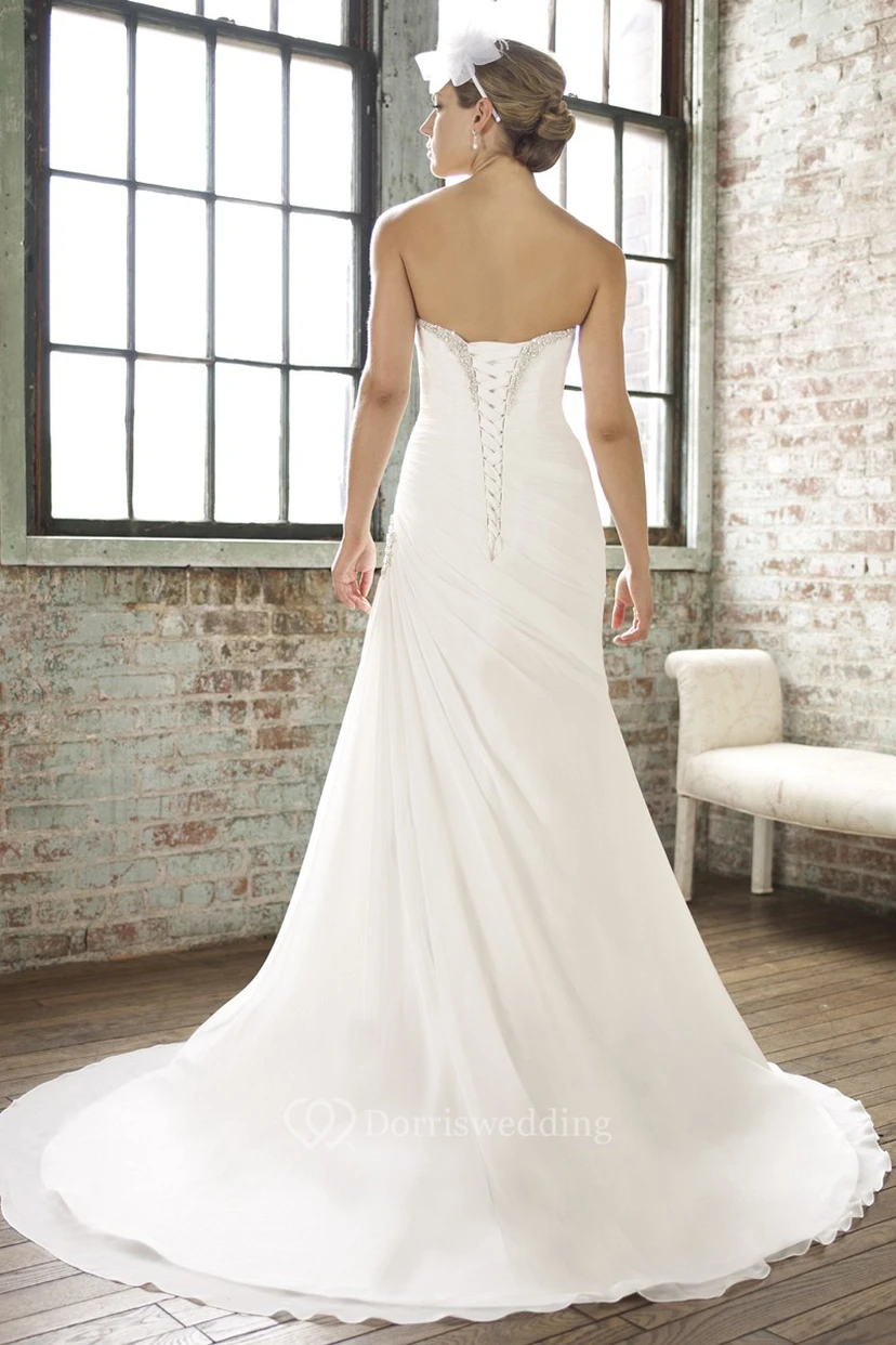 Sheath Draped Long Sweetheart Chiffon Wedding Dress With Beading And Broach view 2