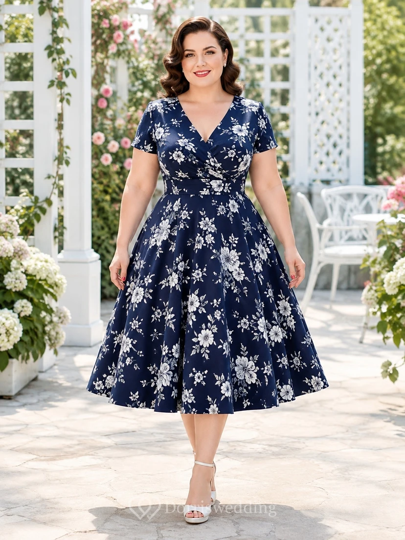 Dark Navy Floral V-Neck Short Sleeve A-Line Tea-Length Vintage Plus-Size Dress