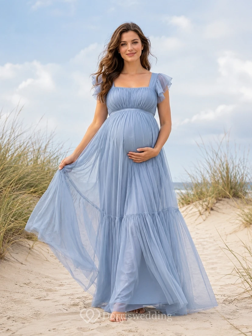 Maternity Sky Blue Short Sleeve Tiered Chiffon Maxi Dress