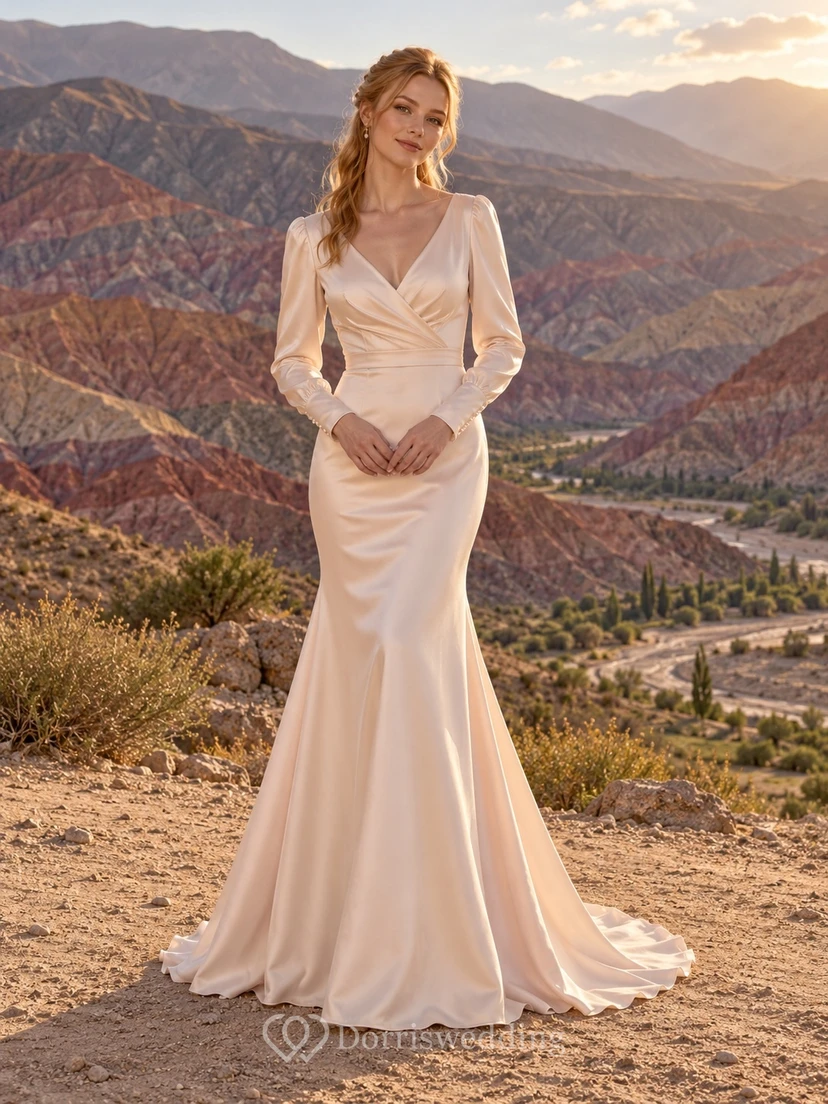 Vestido de novia de satén color rosa empolvado con escote en V y mangas largas, estilo sirena, con corpiño fruncido cruzado.