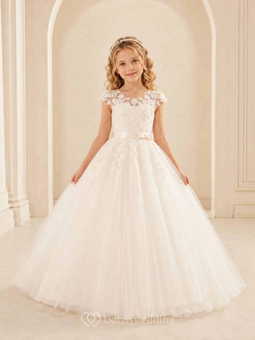 Lace Bodice Tulle A-Line Flower Girl Dress with Short Sleeves, Jewel Neck and Tea-Length Skirt