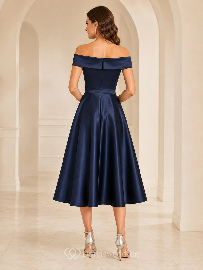 Dark Navy Satin Off-the-shoulder Short Sleeve A-Line Tea-Length Elegant Dress view 2