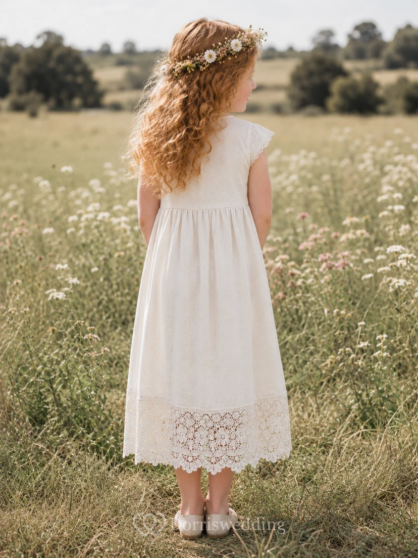 Flower Girl Dress Ivory Cotton Lace A-Line Scoop Neck Tea Length view 2