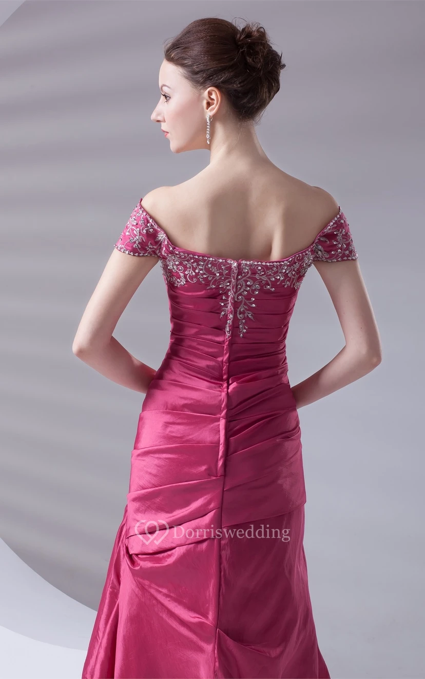 Caped-Sleeve Pick-Up A-Line Taffeta Gown With Embroideries view 7