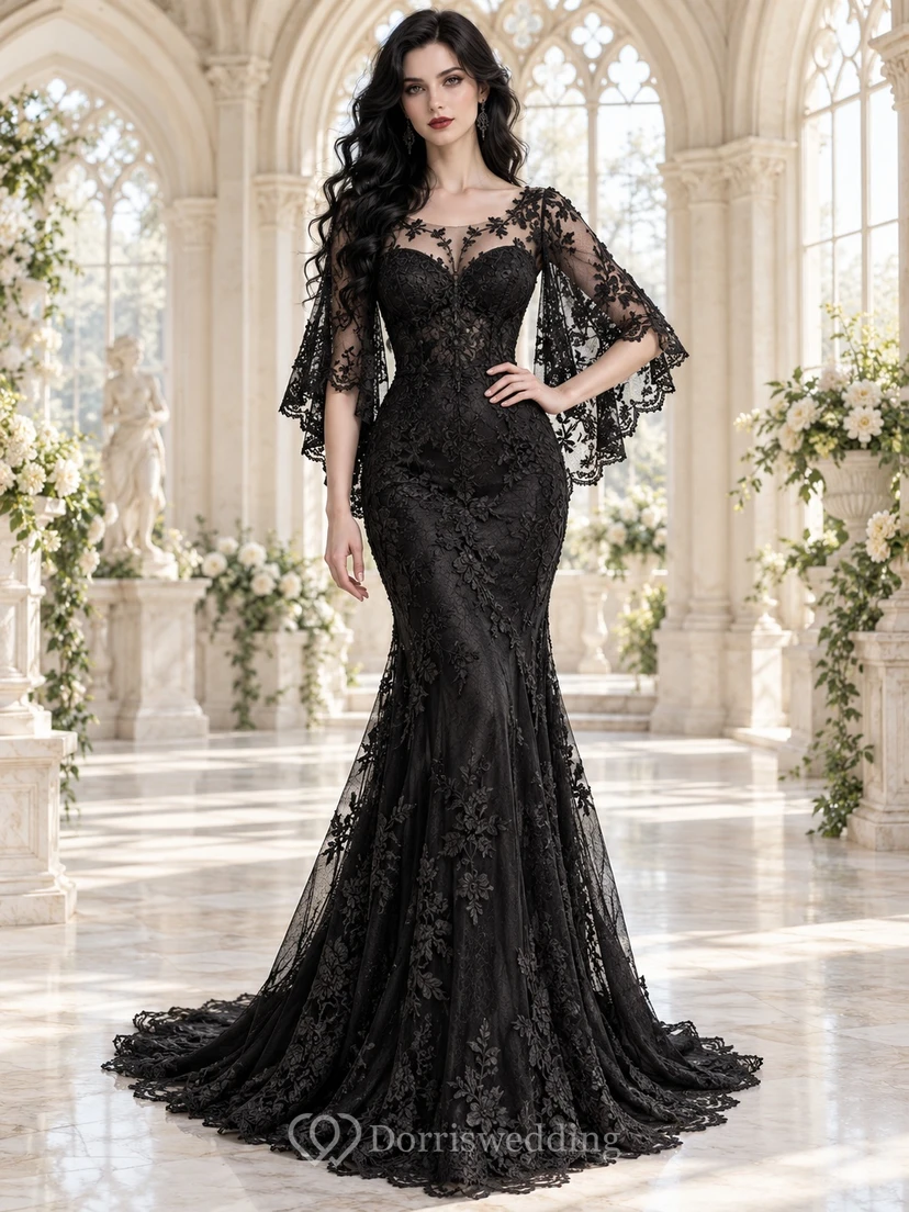 Robe sirène en dentelle noire gothique à encolure illusion et manches papillon