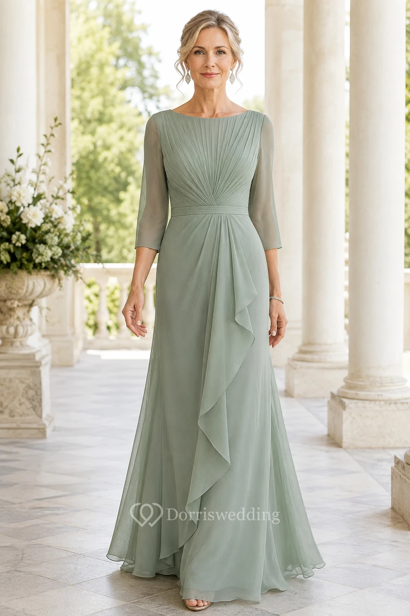 Salbeigrünes Chiffon-Kleid in A-Linie mit Rüschen und Rundhalsausschnitt – perfekt für Mütter.