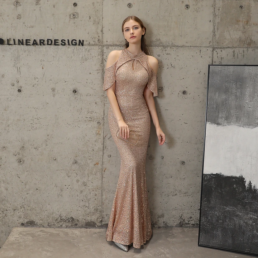Banquet Temperament Elegant Long Short-Sleeved Sequin Aura Queen Fishtail Evening Dress view 32