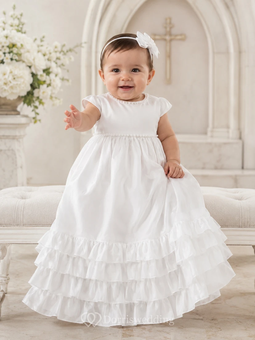 Tiered Ruffle Baby Christening A-Line Cap Sleeve Knee-Length Dress