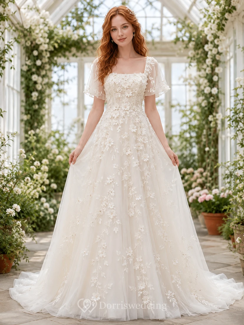 A-Linien-Brautkleid mit quadratischem Ausschnitt, floralen Applikationen und Gewächshaus-Schnitt