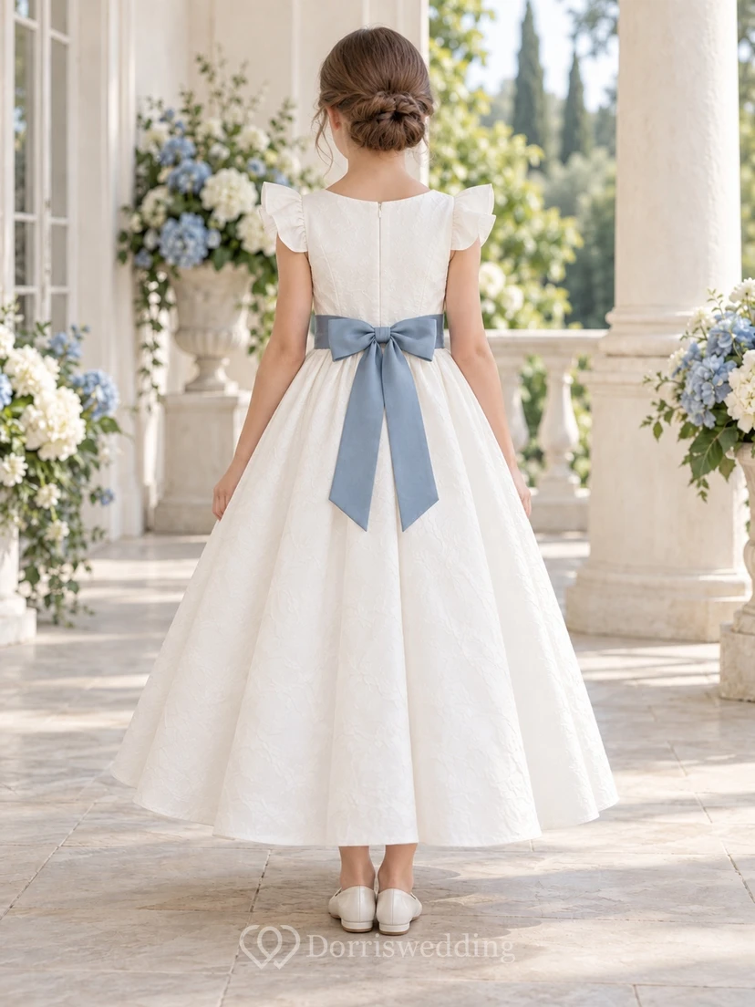 Ankle-length Simple Ivory A-line Textured Petal-sleeve Blue-sash Bow-back Flower Girl Dress view 2