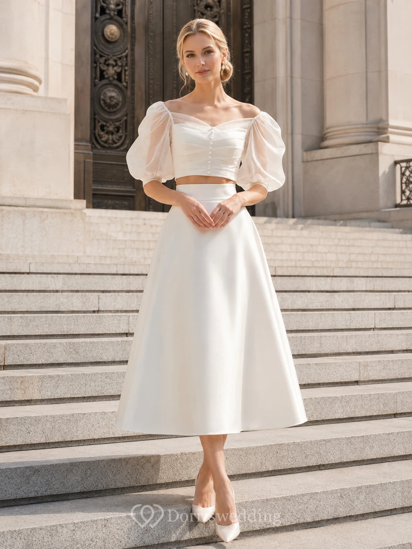 Conjunto nupcial de organza con top corto de manga abullonada y largo hasta la rodilla, estilo juzgado.