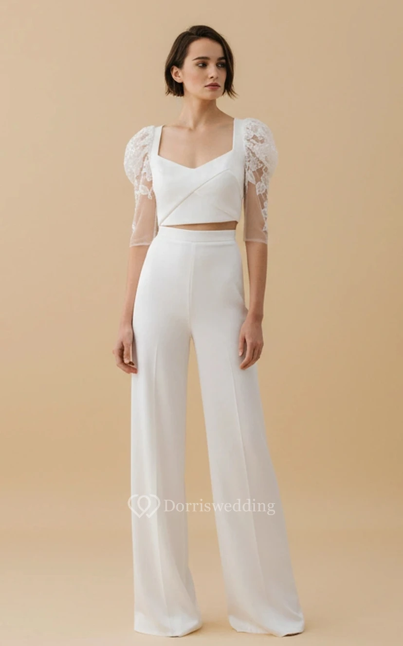 Combinaison de mariage à col carré, manches courtes, bordure en dentelle et taille haute
