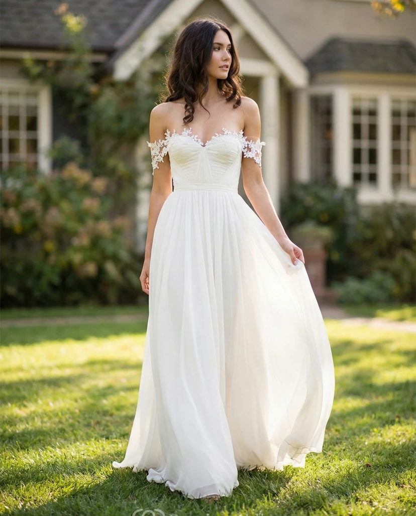 Off-The-Shoulder Chiffon Beach Wedding Gown