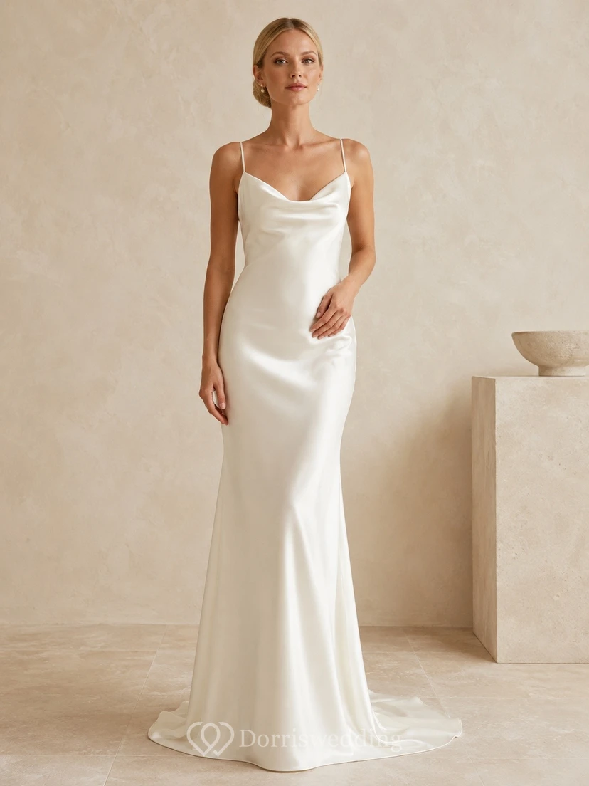 Vestido de novia sencillo moderno de satén blanco con escote drapeado