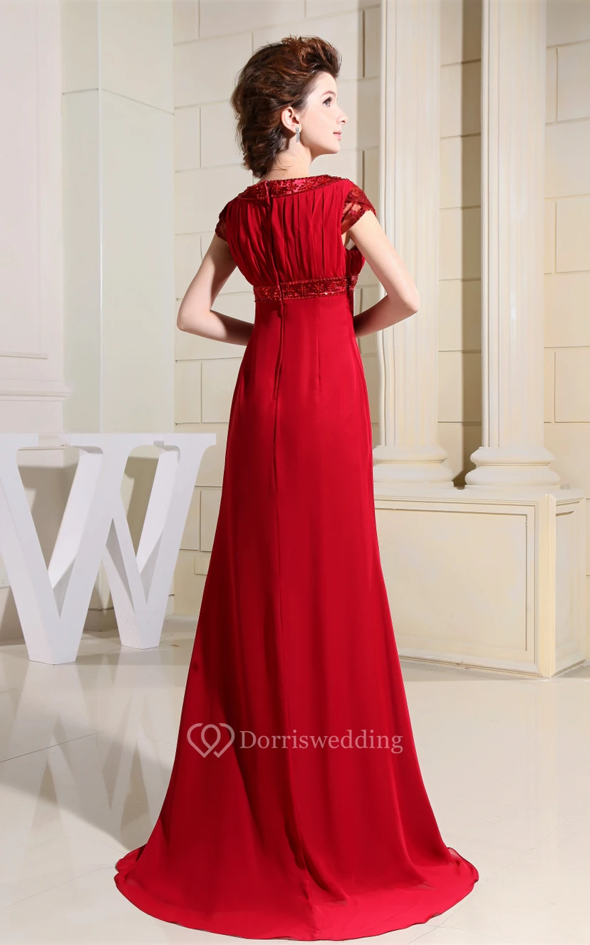 Chiffon Short-Sleeve Floor-Length Dress With Beading and Ruching view 8