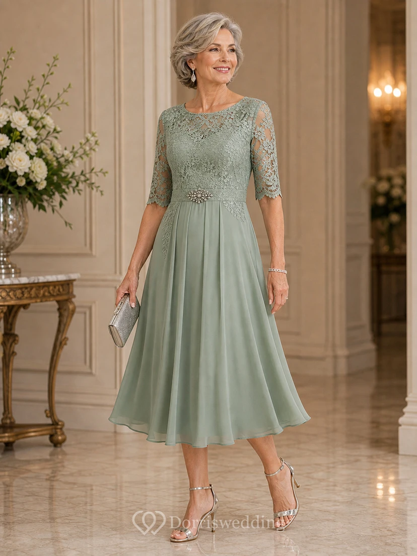 Sage Tea Length Crystal Brooch Mother Dress Sage Bateau Jewel A-Line Tea-length view 3