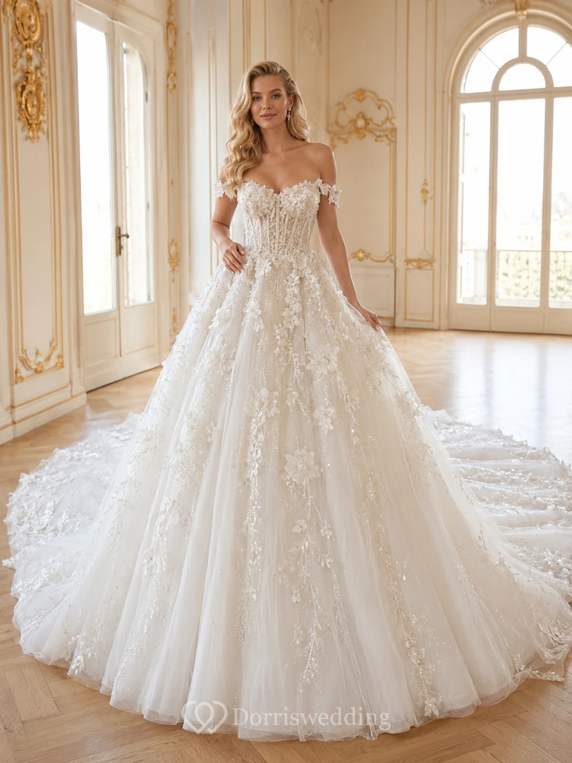 Robe de bal en tulle et dentelle florale à épaules dénudées avec traîne cathédrale