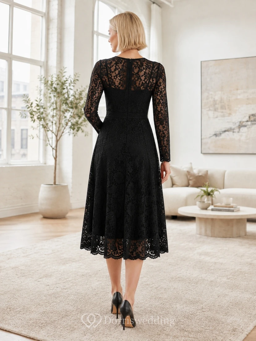 Black Elegant Romantic V-Neck Long-Sleeve Lace A-Line Tea-Length Formal Dress view 2