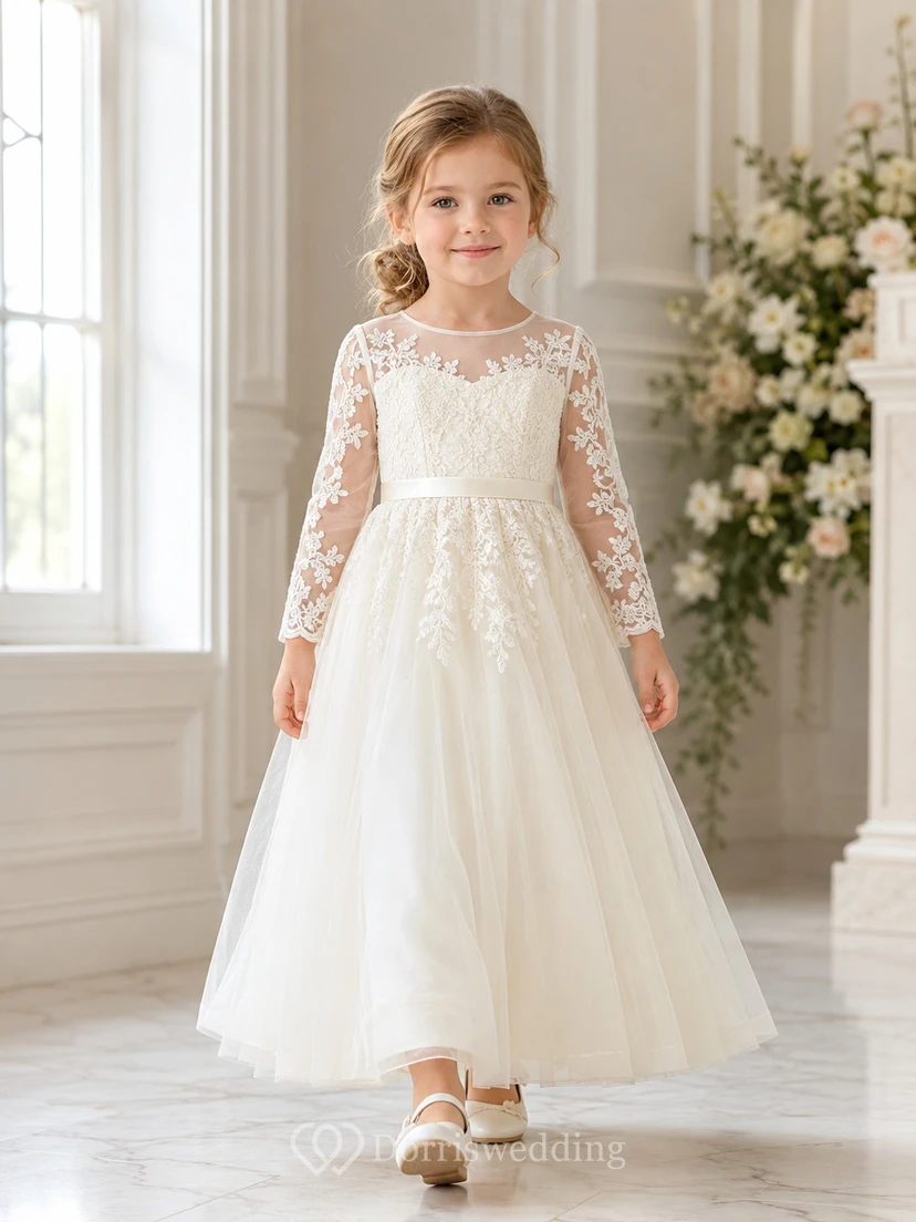 Lace Long Sleeve Illusion Neck Tulle Floor-Length A-Line Formal Flower Girl Dress
