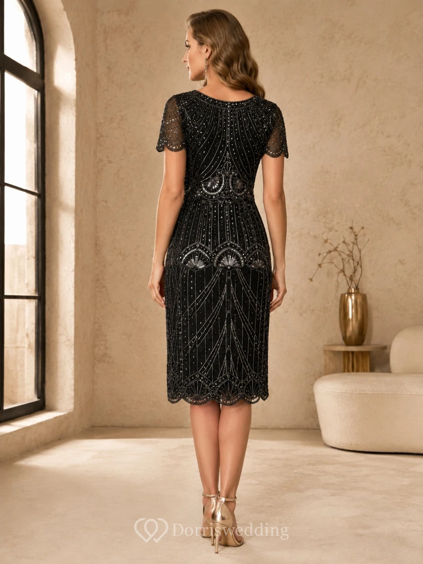 Vintage Black Jewel Neck Short Sleeve Beaded Pencil Tea-Length Cocktail Dress view 2