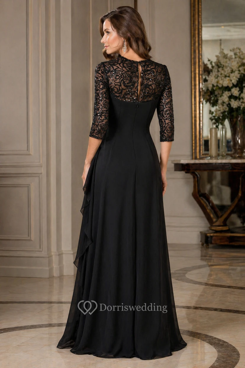 3-4 Sleeved Long Mother Of The Bride Dress With Ruffles And Sequins view 2