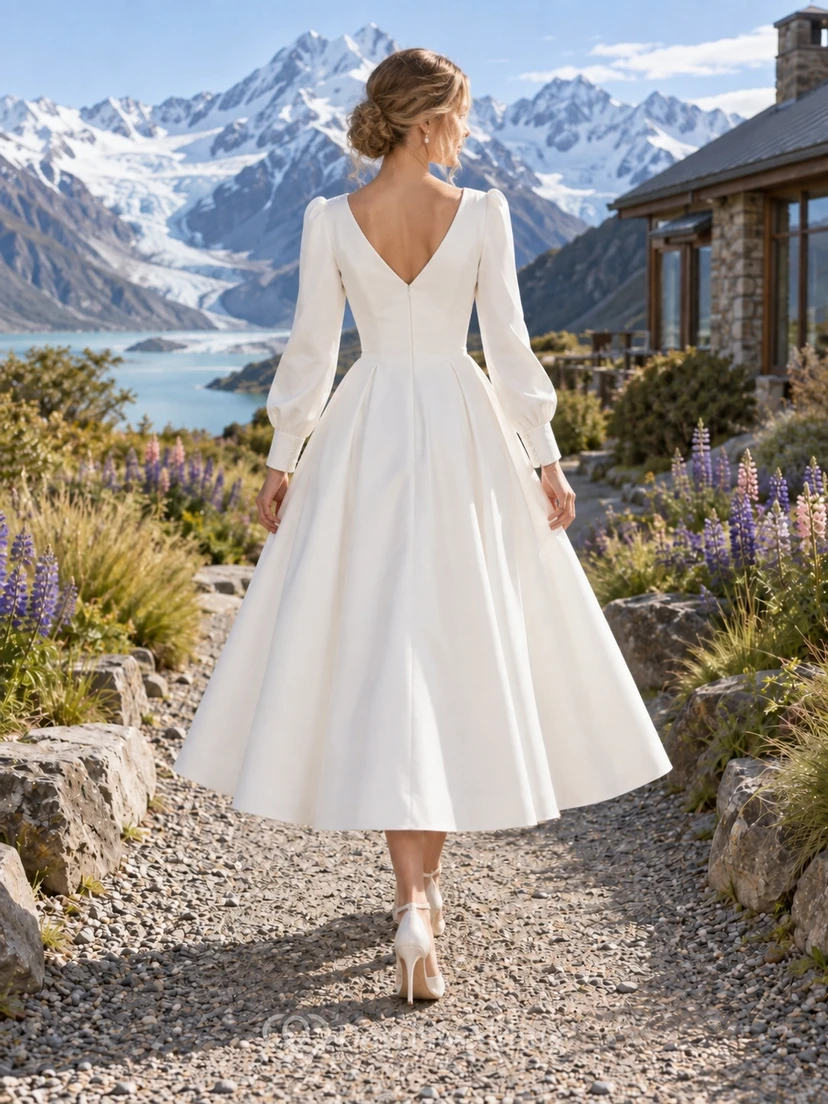 Schlichtes, teelanges Brautkleid mit V-Ausschnitt, langen Ärmeln, A-Linie und natürlicher Taille view 2