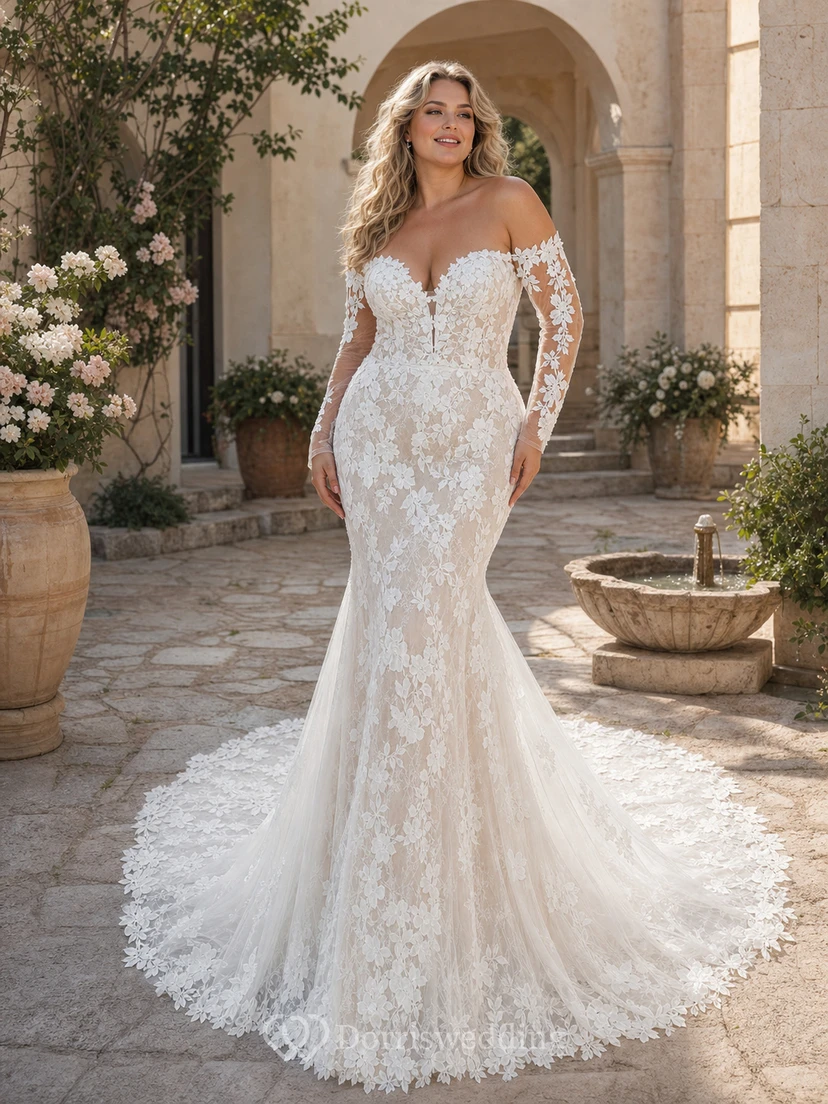 Vestido de novia elegante de encaje estilo sirena con mangas largas, escote de hombros descubiertos y efecto ilusión. view 4