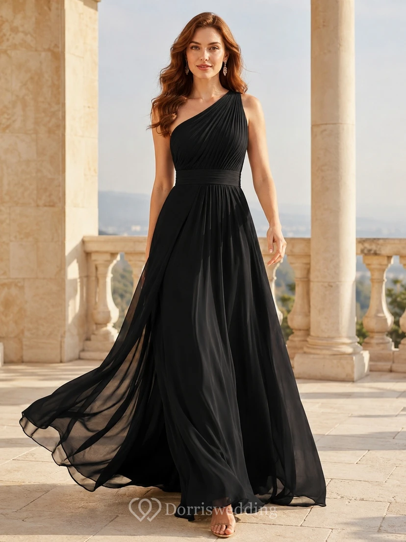 Black One-Shoulder Sleeveless Chiffon A-line Floor-length Sexy Modern Formal Gown