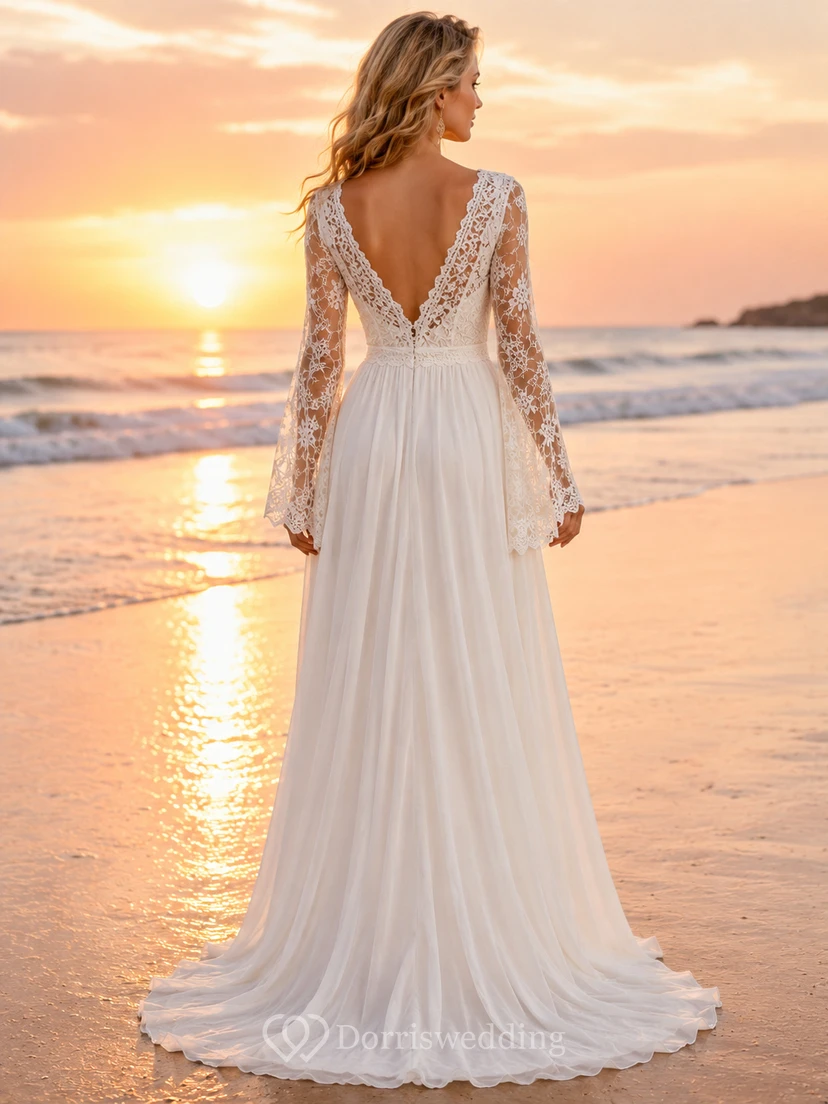 Boho Lace Sleeve Chiffon Beach Sunset Wedding Dress view 2