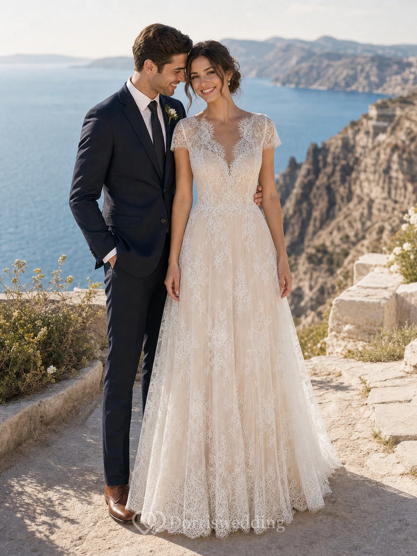 Vestido de novia de corte imperio con mangas cortas y espalda abotonada transparente. view 3