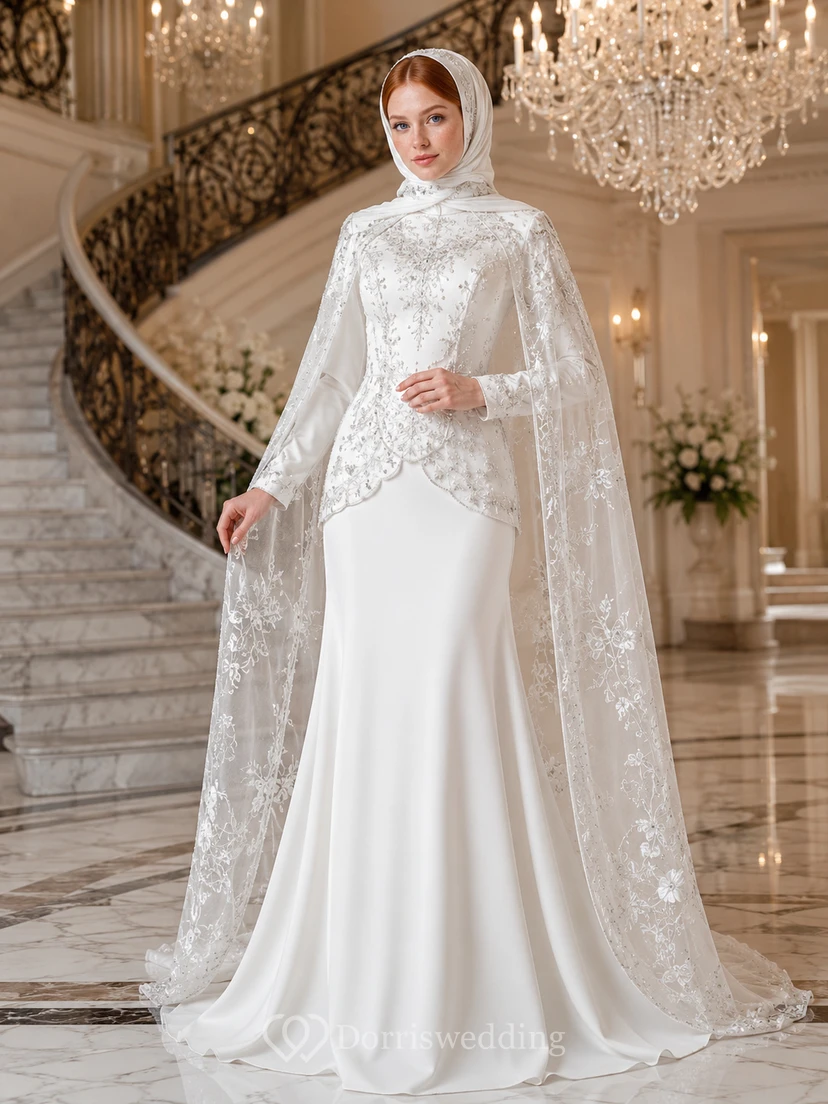 Robe de mariée deux pièces musulmane en dentelle, cape et satin, style fourreau, robe fourreau en satin et dentelle.