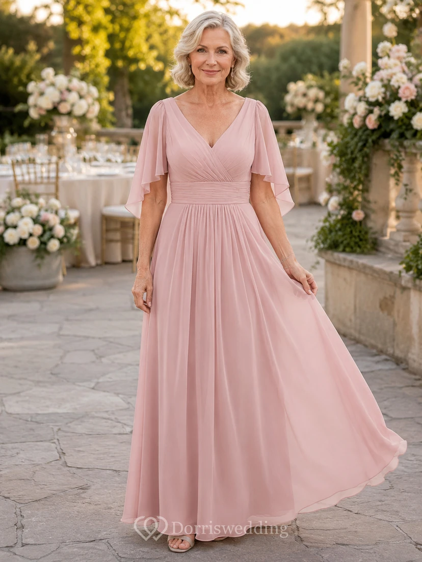 Blush V neck flutter sleeve pleated chiffon grandmother gown