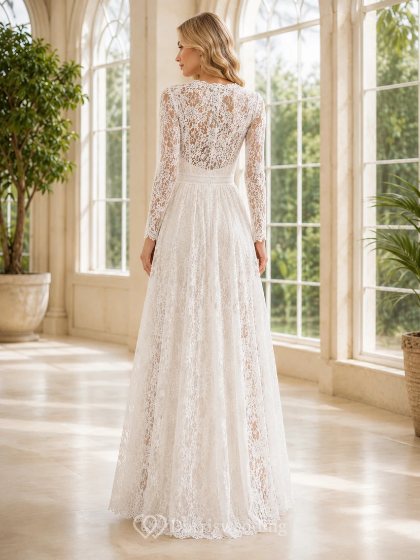 Robe de mariée romantique en dentelle, coupe trapèze, longueur au sol, col en V, manches longues, ornée d'un motif botanique. view 2