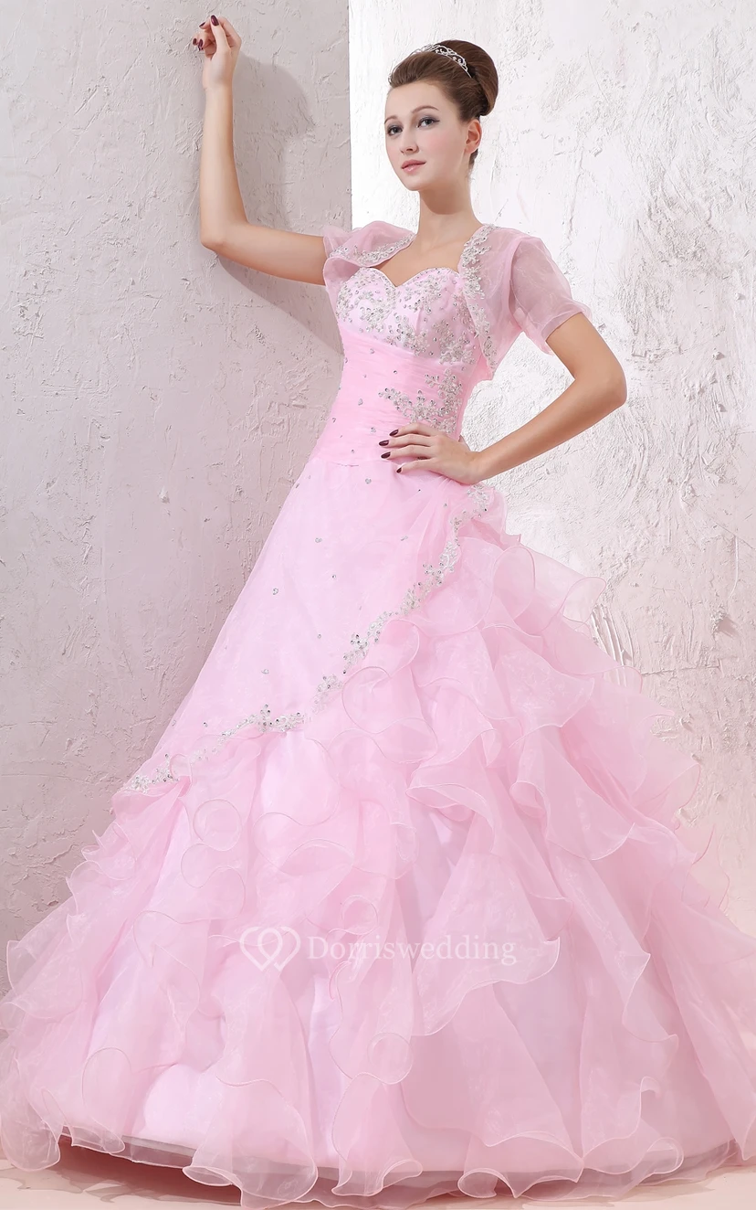 Zartrosa Ballkleid mit Herzausschnitt, Rüschen und Perlenbesatz view 4