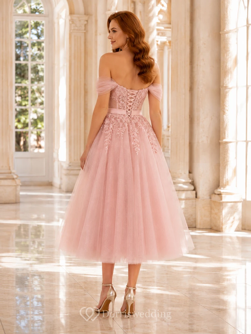 Romantic Blushing Pink Tulle Prom A Line Tea Length Off Shoulder Corset Dress view 2