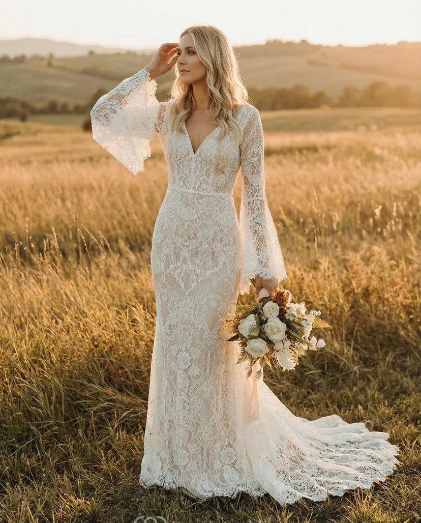 Vestido de novia bohemio de encaje, corte recto, escote en V, mangas largas acampanadas y cola.