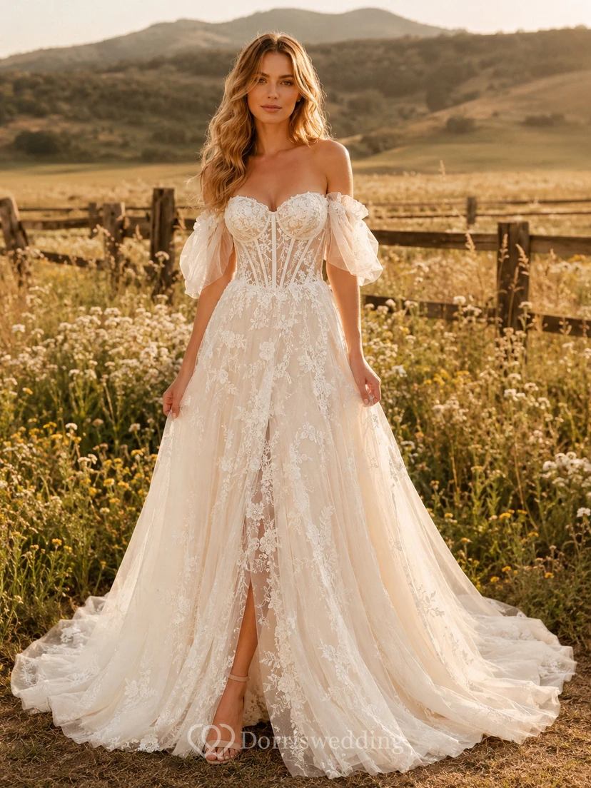 Vestido de novia de tul y encaje campestre, corte en A, hombros descubiertos, manga corta, cola de capilla, espalda baja en V.