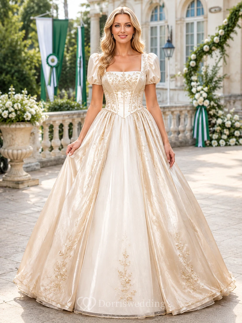 Elegantes, champagnerfarbenes Ballkleid aus Spitze, bodenlang, mit eckigen Puffärmeln