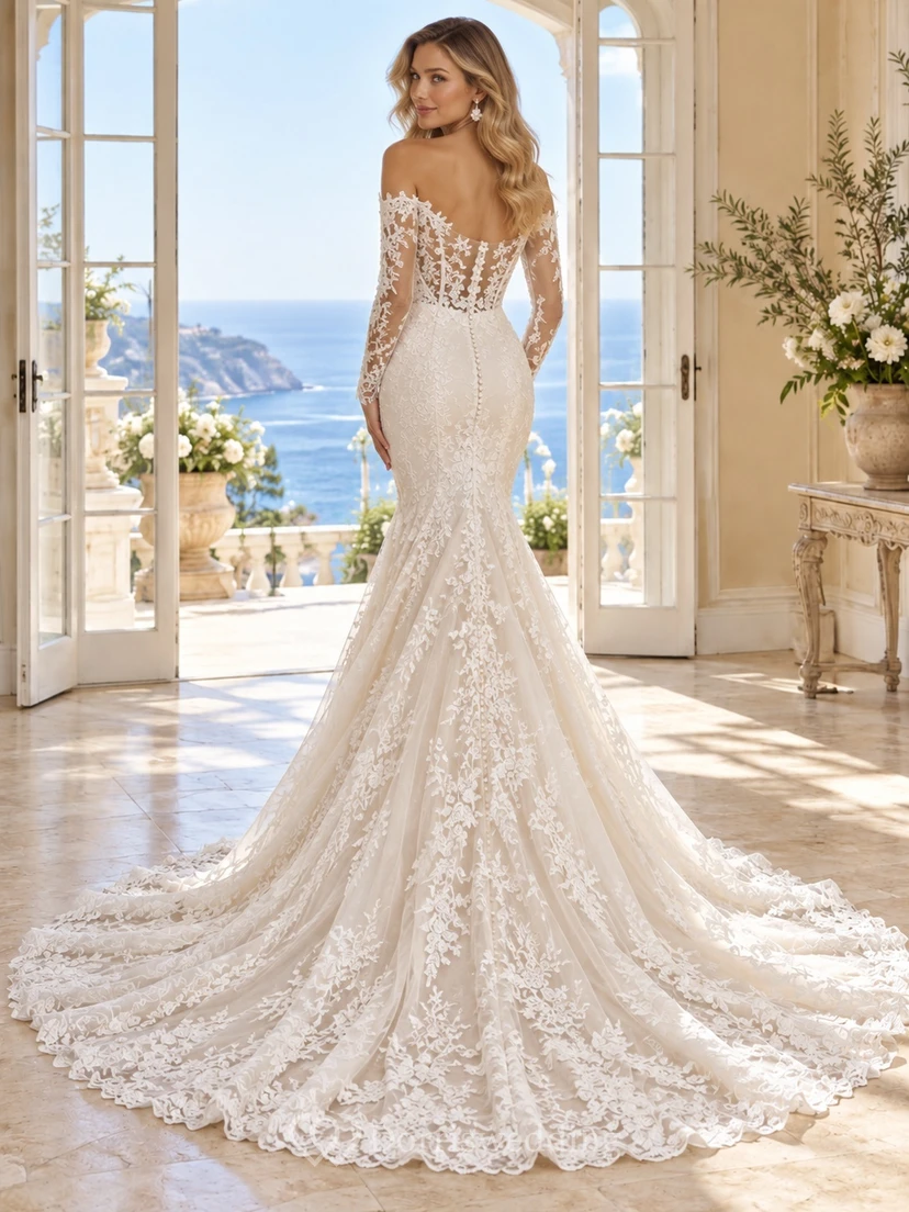 Mermaid Long Sleeve Off Shoulder Lace Corset Bridal Wedding Dress view 2