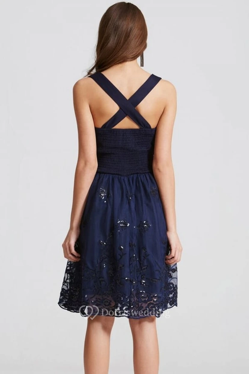 Short Strapped Sleeveless Appliqued Tulle Bridesmaid Dress With Ruching view 2