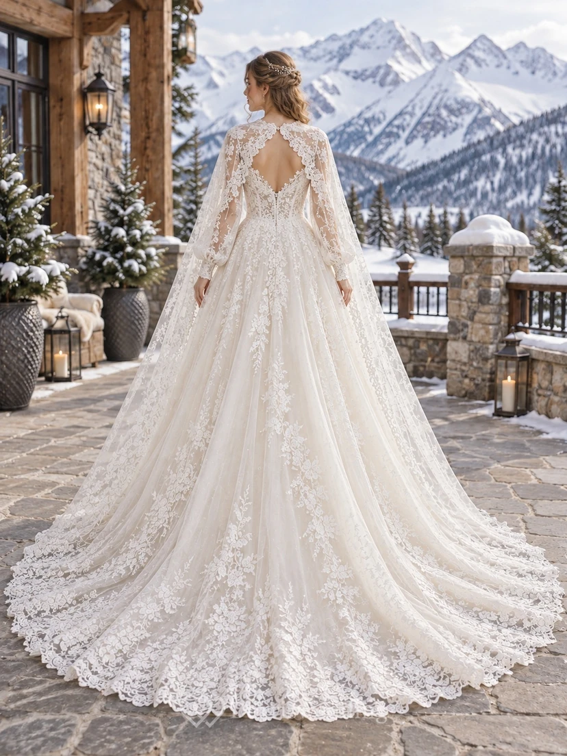 Vestido de novia de invierno con capa, manga larga, escote en V y encaje floral, corte en A view 2