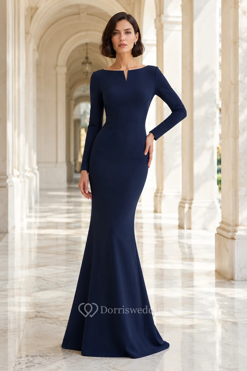 Modest Dark Navy Long Sleeve Mermaid Evening Dress with Notched Bateau Neck and Floor Length