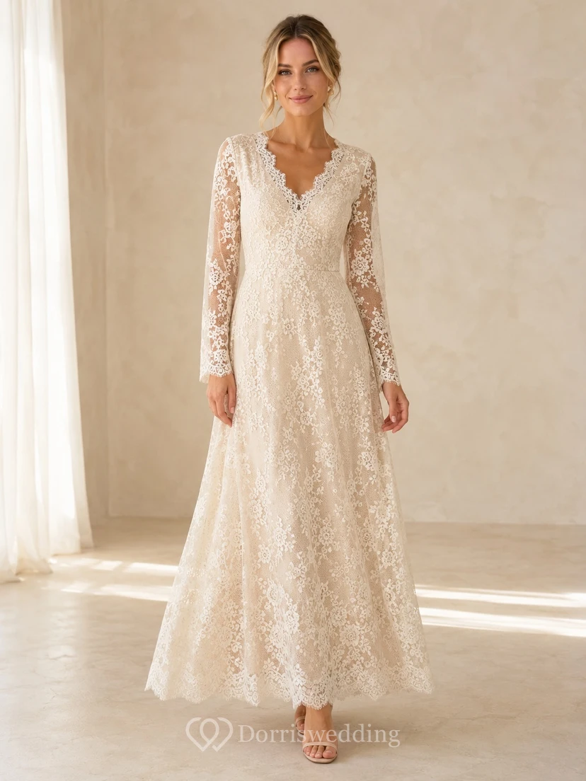 Ivory Lace V-neck Long Sleeve Floor-length A-Line Formal Dress