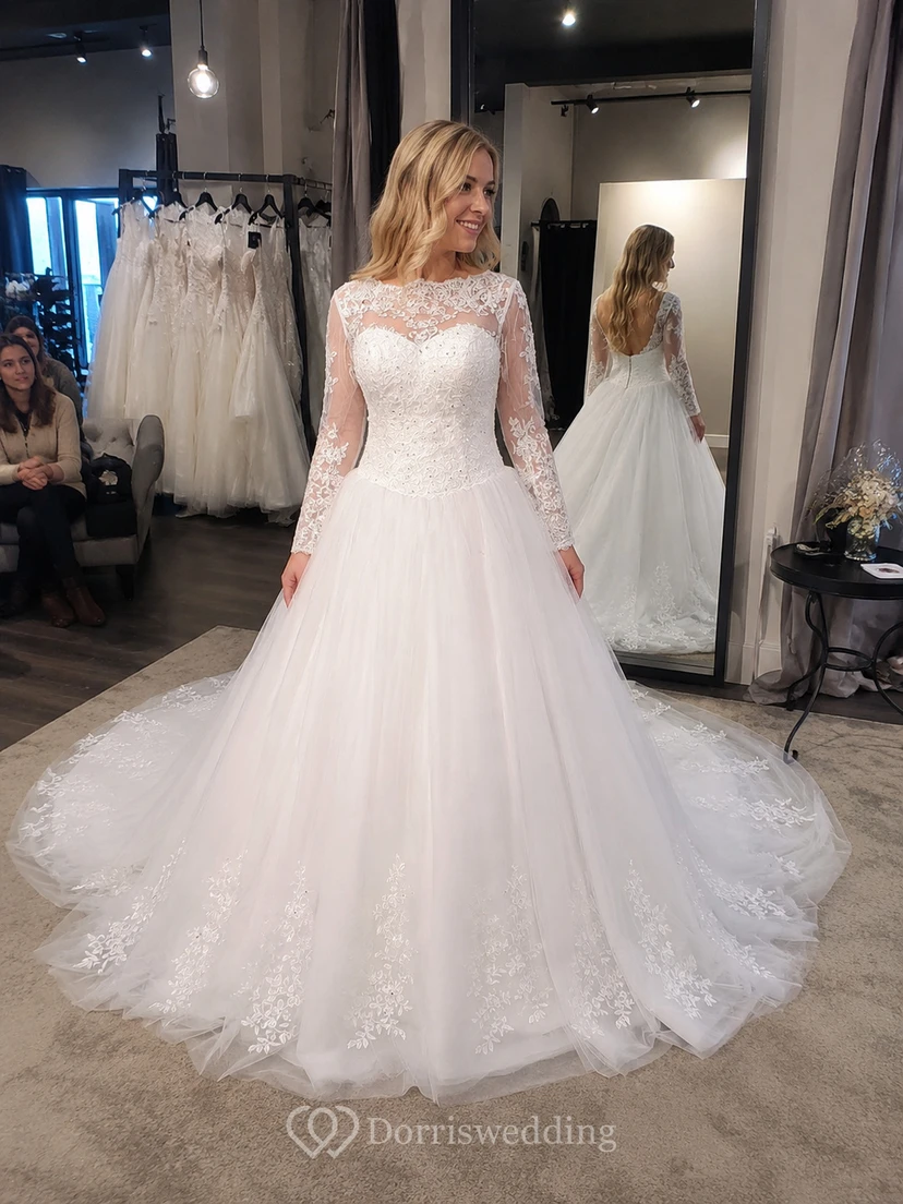 A-Line Ball Gown Long Sleeve Cathedral Train Tulle Lace Satin Dress view 5