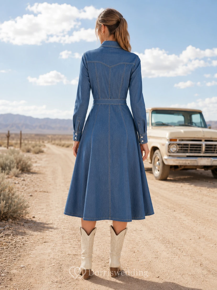 Steel Blue Notched Button Belted A-Line Country Shirt Dress Casual view 2