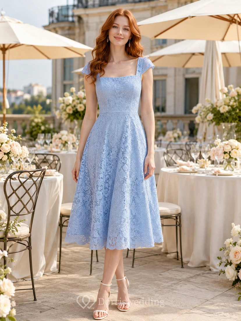 Sky Blue Square Neck Lace Bridal Shower Dress