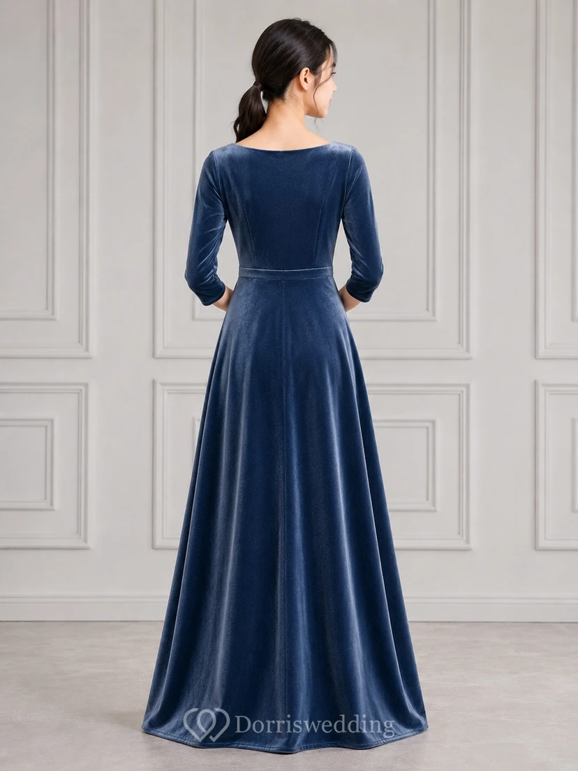 Dark Navy Junior Bridesmaid Dress A-Line Jewel Long Sleeve Velvet Luxury view 2